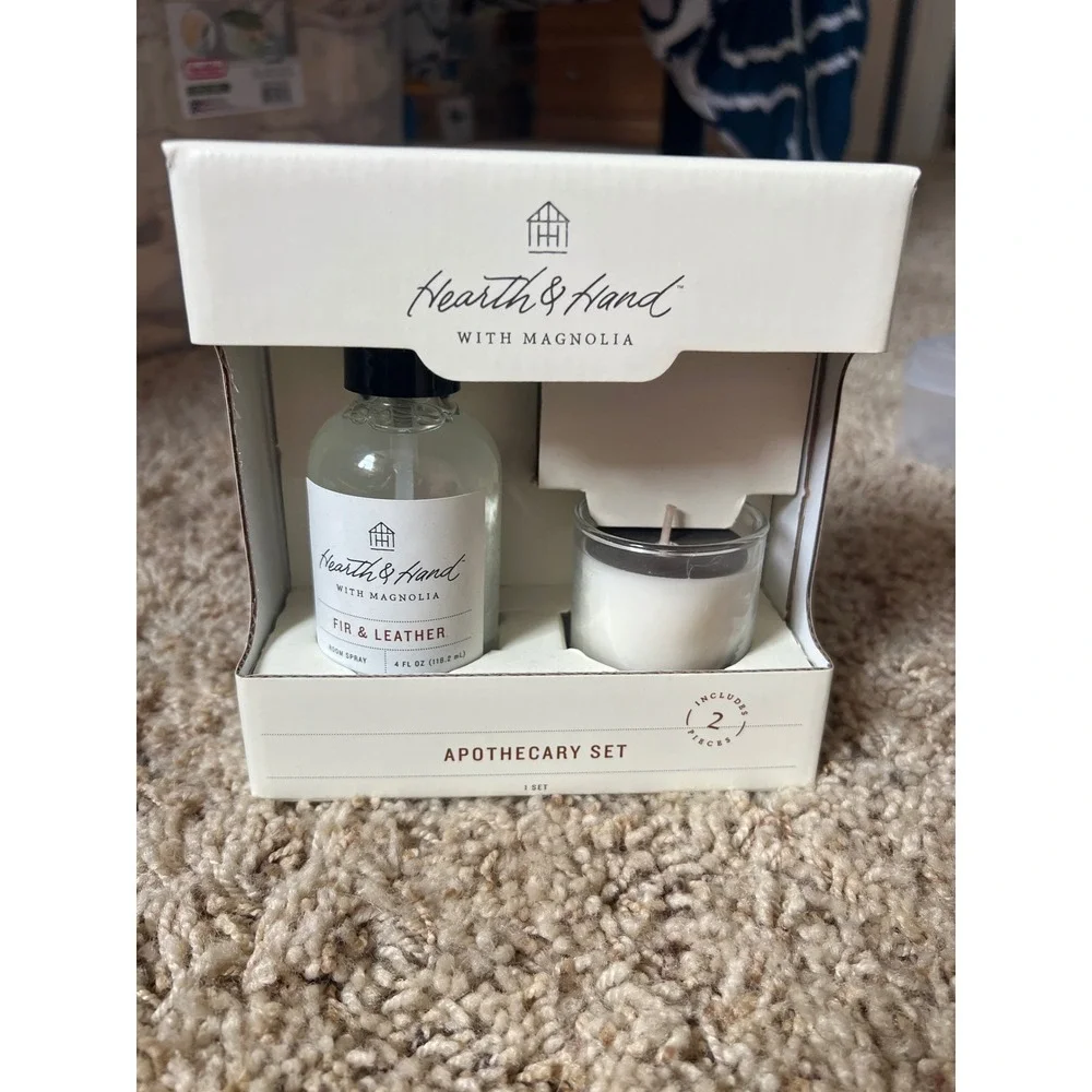Hearth & Hand Magnolia Fir & Leather Apothecary Set Room Spray & Votive Candle